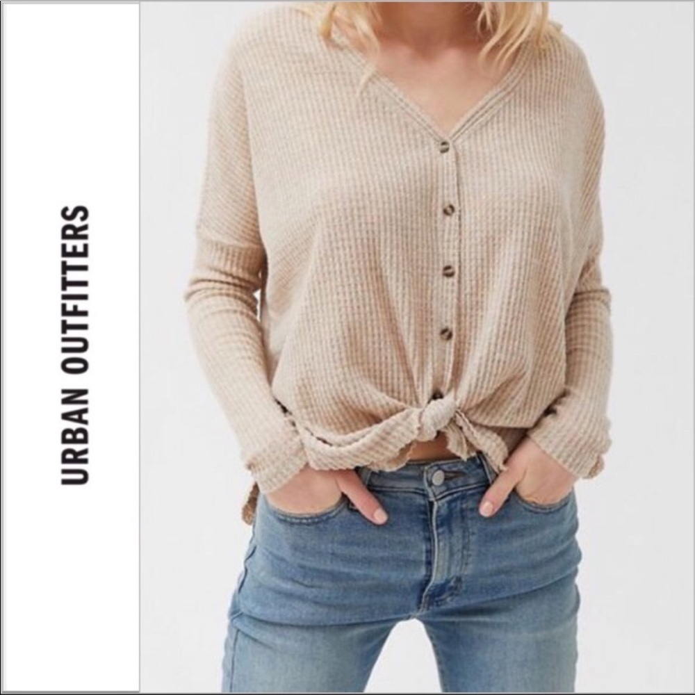 UO Out From Under Jojo Oversized Thermal Top, Button Front, Beige, Size XS